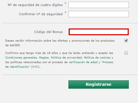 el campo del formulartio de alta donde meter el código bonus bet365